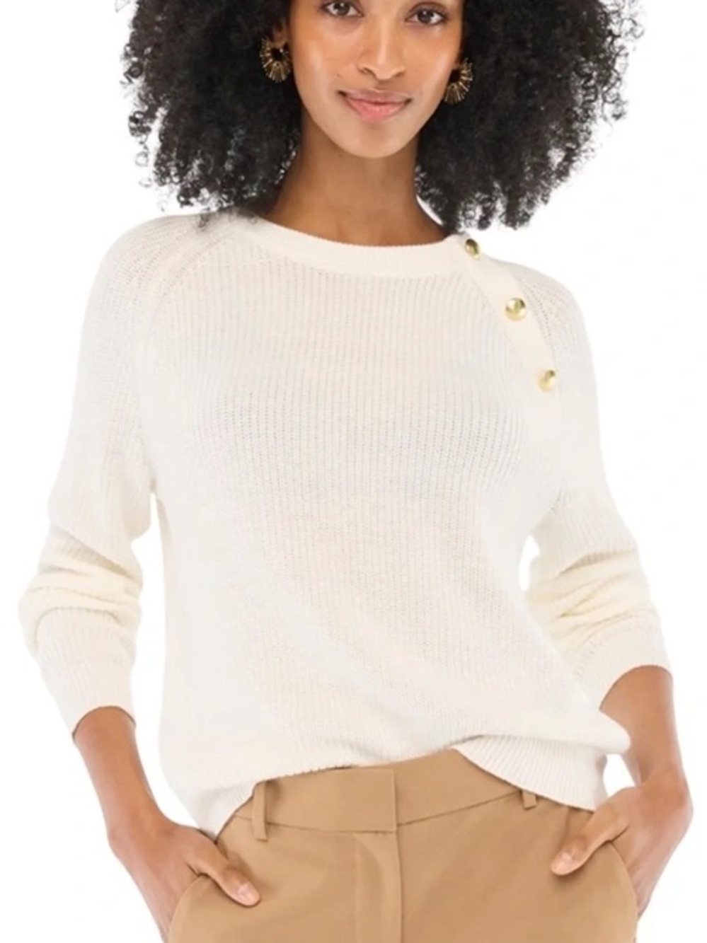 J. Crew Raglan Ivory Cream Crewneck Sweater Gold Button Sweater, Size Medium